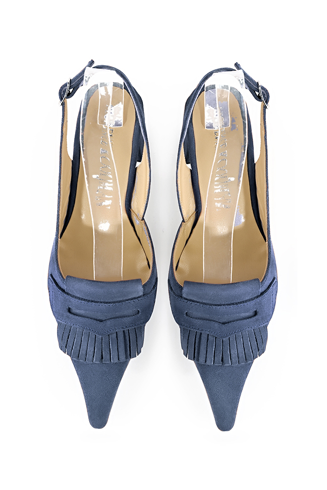 Women's denim blue slingback dress shoes. Pointed toe. Medium block heels - Top view